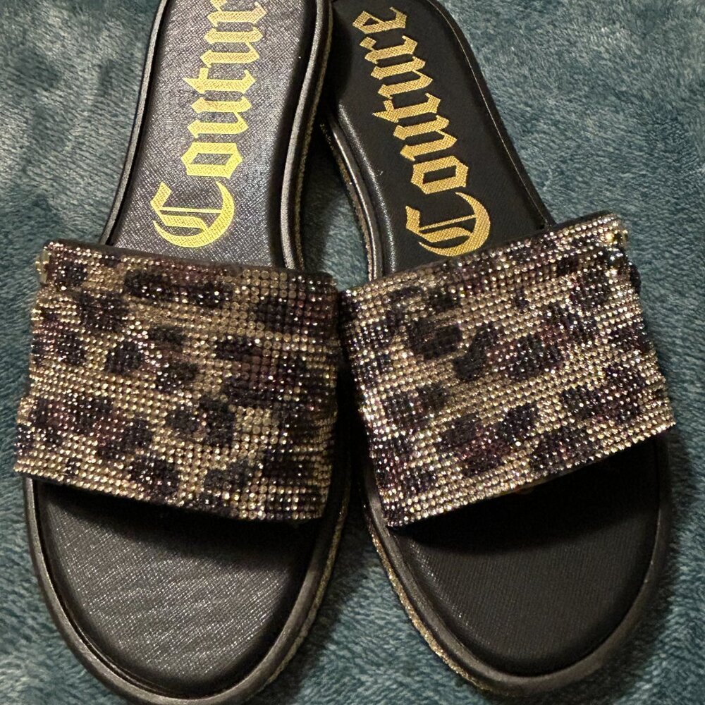 Juicy Couture Slide On Gold Animal Print Bling Black US Size 8.5 - Picture 2 of 5